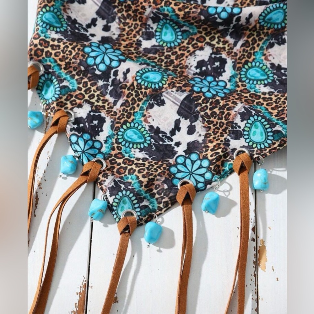 Western Bandana Scarf Turquoise Floral Fringe Bandana Scarf Cowgirl Bandana - Picture 4 of 7